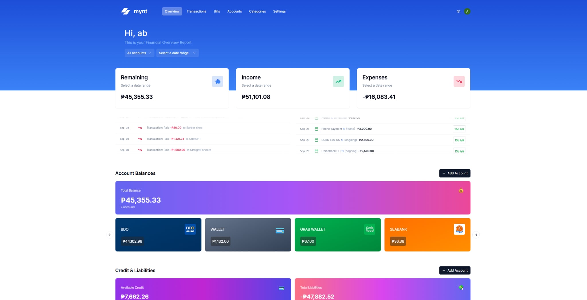 Screenshot of mynt - A comprehensive personal finance tracker with Next.js 14, featuring account management, transaction ...